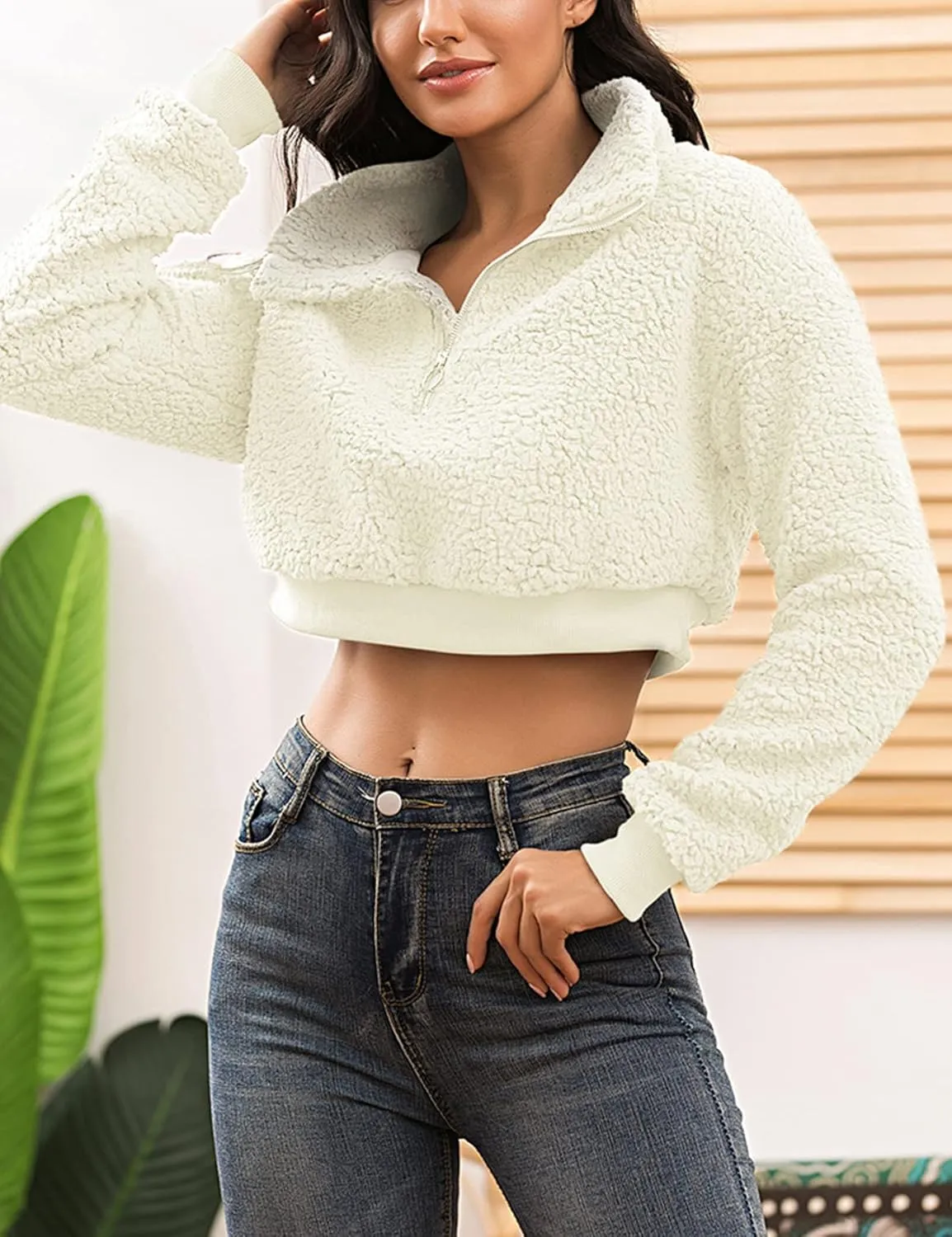Flygo Women's 1/2 Zip Sherpa Pullover Fuzzy Fleece Cropped Sweatshirt