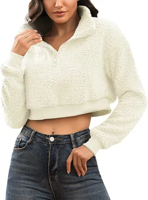 Flygo Women's 1/2 Zip Sherpa Pullover Fuzzy Fleece Cropped Sweatshirt
