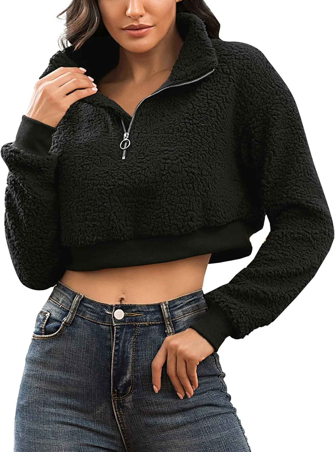 Flygo Women's 1/2 Zip Sherpa Pullover Fuzzy Fleece Cropped Sweatshirt