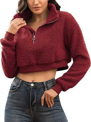 Flygo Women's 1/2 Zip Sherpa Pullover Fuzzy Fleece Cropped Sweatshirt