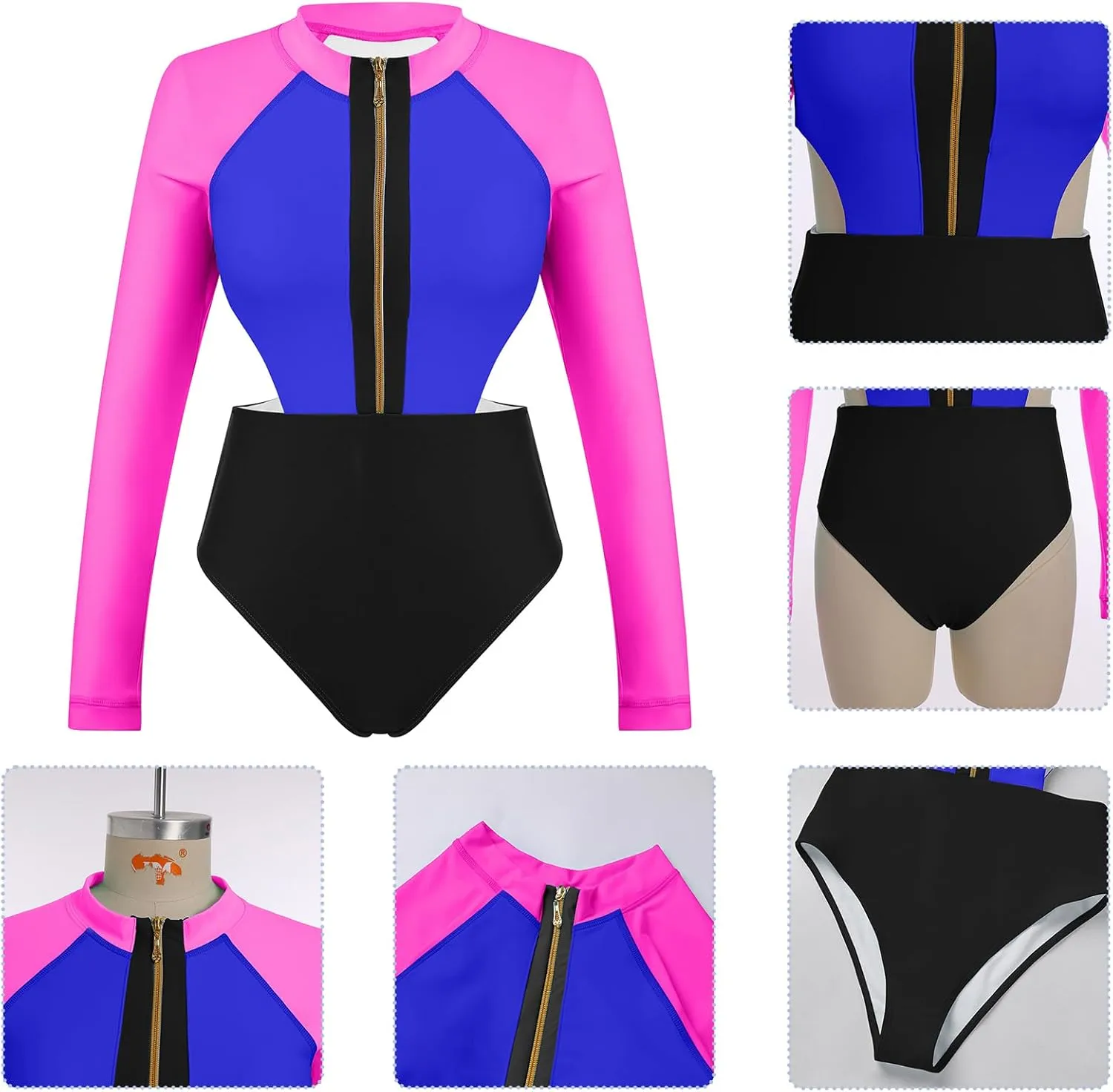 FYMNSI One Piece Bathing Suit Tummy Control Swimsuits Long Sleeve Zip Front Rash Guard Monokini Swimwear Surfing Swim Suit