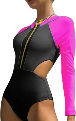 FYMNSI One Piece Bathing Suit Tummy Control Swimsuits Long Sleeve Zip Front Rash Guard Monokini Swimwear Surfing Swim Suit