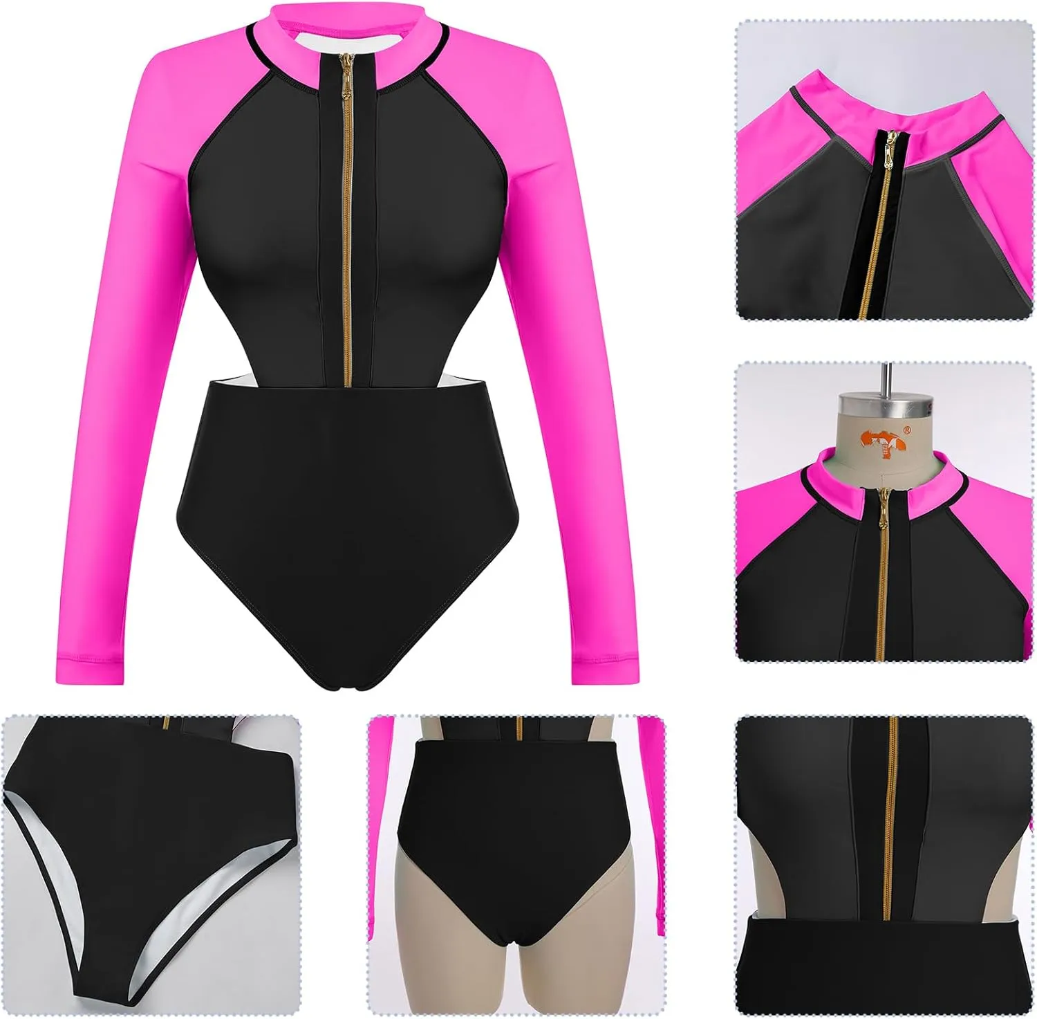 FYMNSI One Piece Bathing Suit Tummy Control Swimsuits Long Sleeve Zip Front Rash Guard Monokini Swimwear Surfing Swim Suit