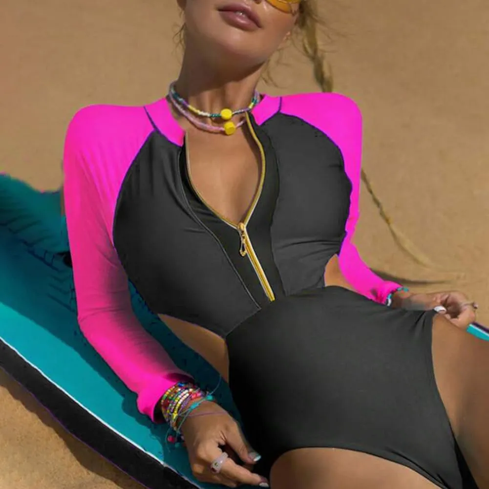 FYMNSI One Piece Bathing Suit Tummy Control Swimsuits Long Sleeve Zip Front Rash Guard Monokini Swimwear Surfing Swim Suit