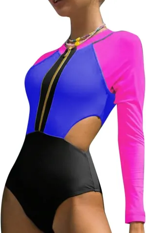 FYMNSI One Piece Bathing Suit Tummy Control Swimsuits Long Sleeve Zip Front Rash Guard Monokini Swimwear Surfing Swim Suit