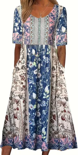 Geleglaer Women's Boho Floral Maxi Dress Summer Casual Crew Neck Short Sleeve Dress Flowy Bohemian Tshirt Dress with Pockets