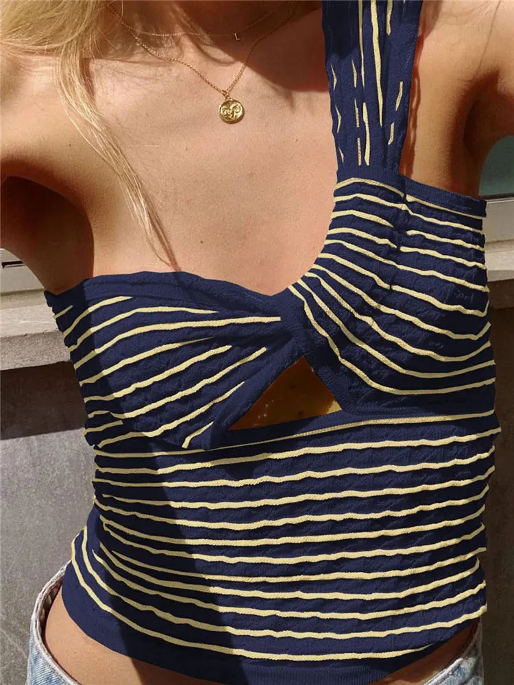 Girlary One-Shoulder Twist Crochet Top Knitted Summer Party Sleeveless Y2k Bustier Knot Front Cut Out Backless Knit Corset Tops