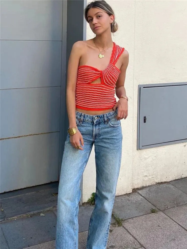 Girlary One-Shoulder Twist Crochet Top Knitted Summer Party Sleeveless Y2k Bustier Knot Front Cut Out Backless Knit Corset Tops