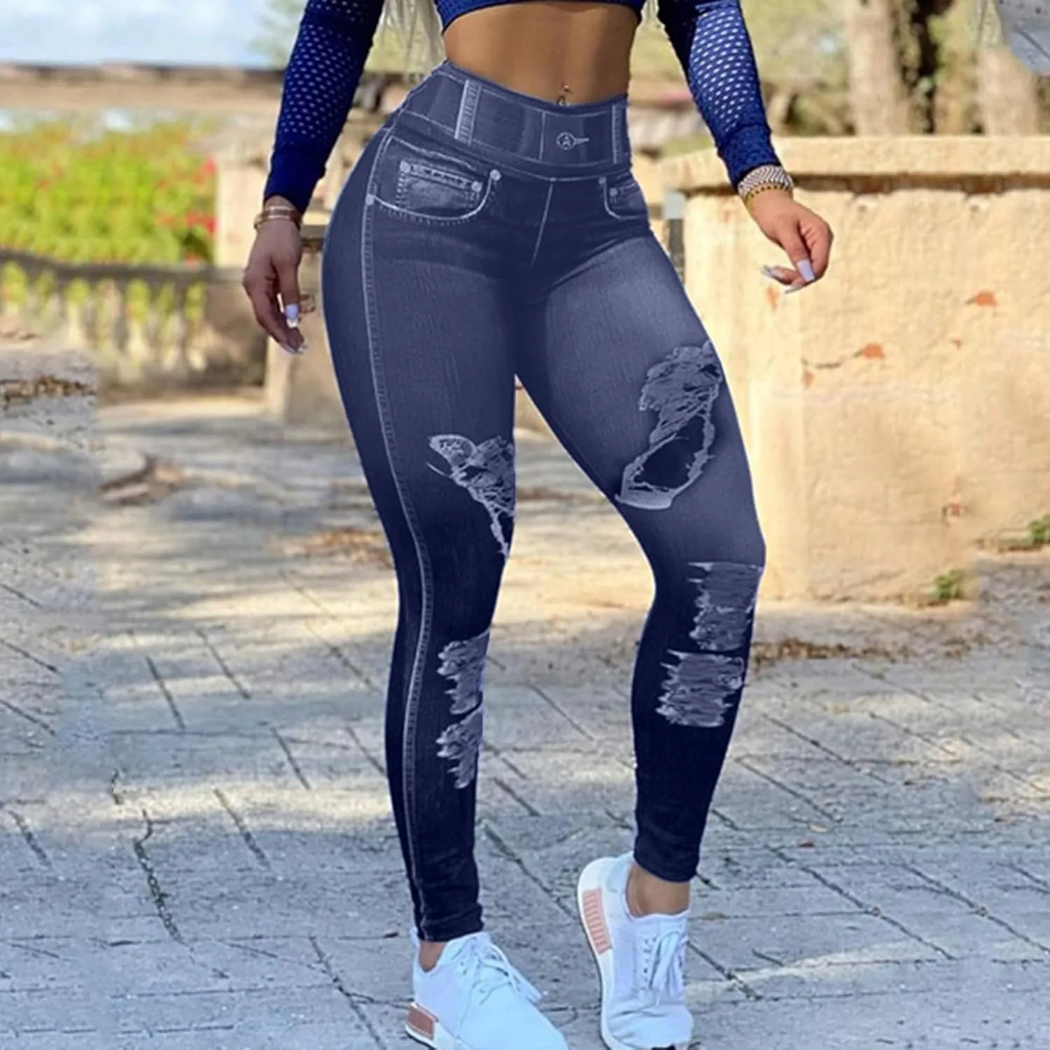 GOKKILRW Stretchy Jeggings for Women High Waisted Pull On Skinny Jeans Ripped Distressed Butt Lifting Denim Pencil Pants