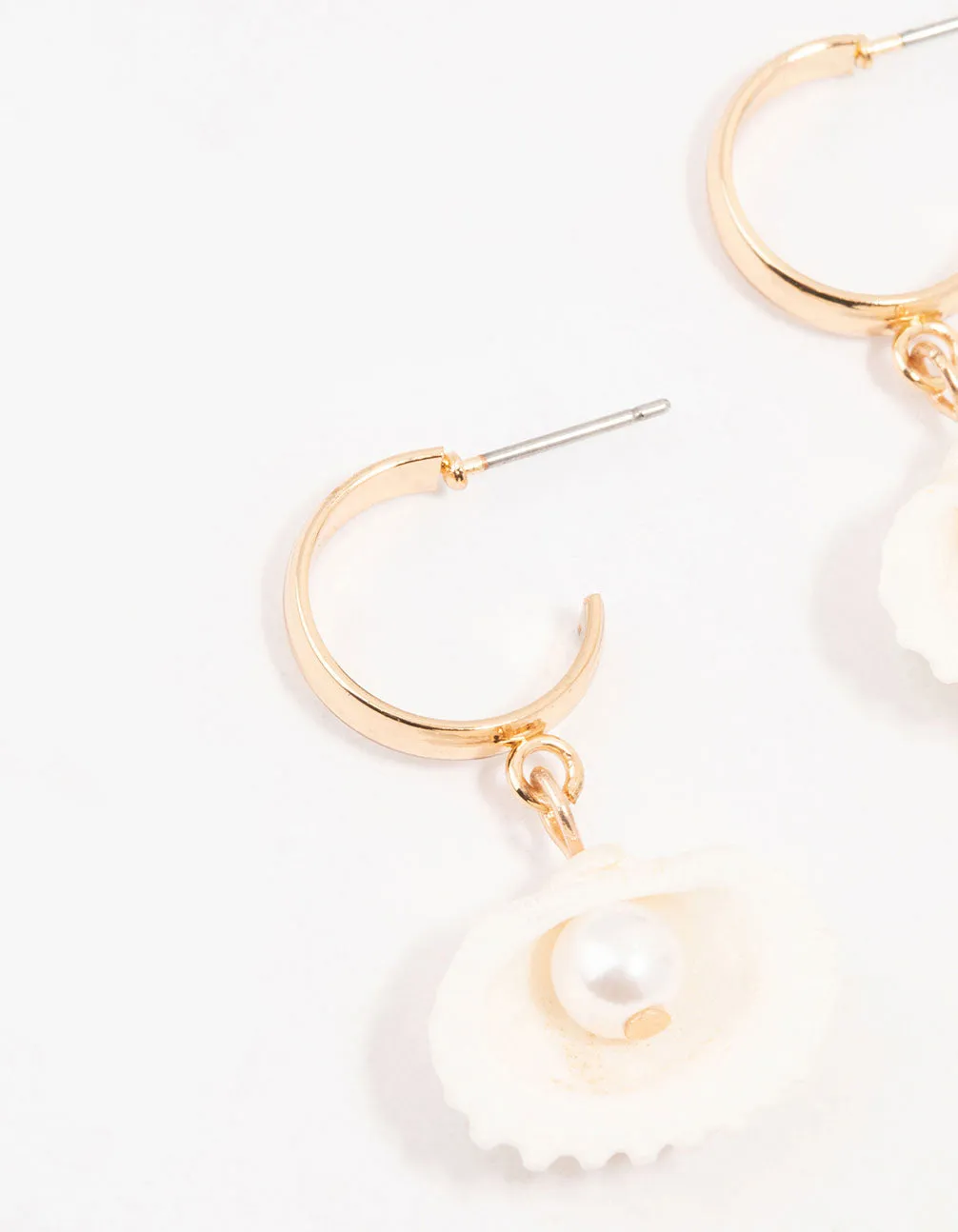 Gold Pearl Clam Hoop Earrings
