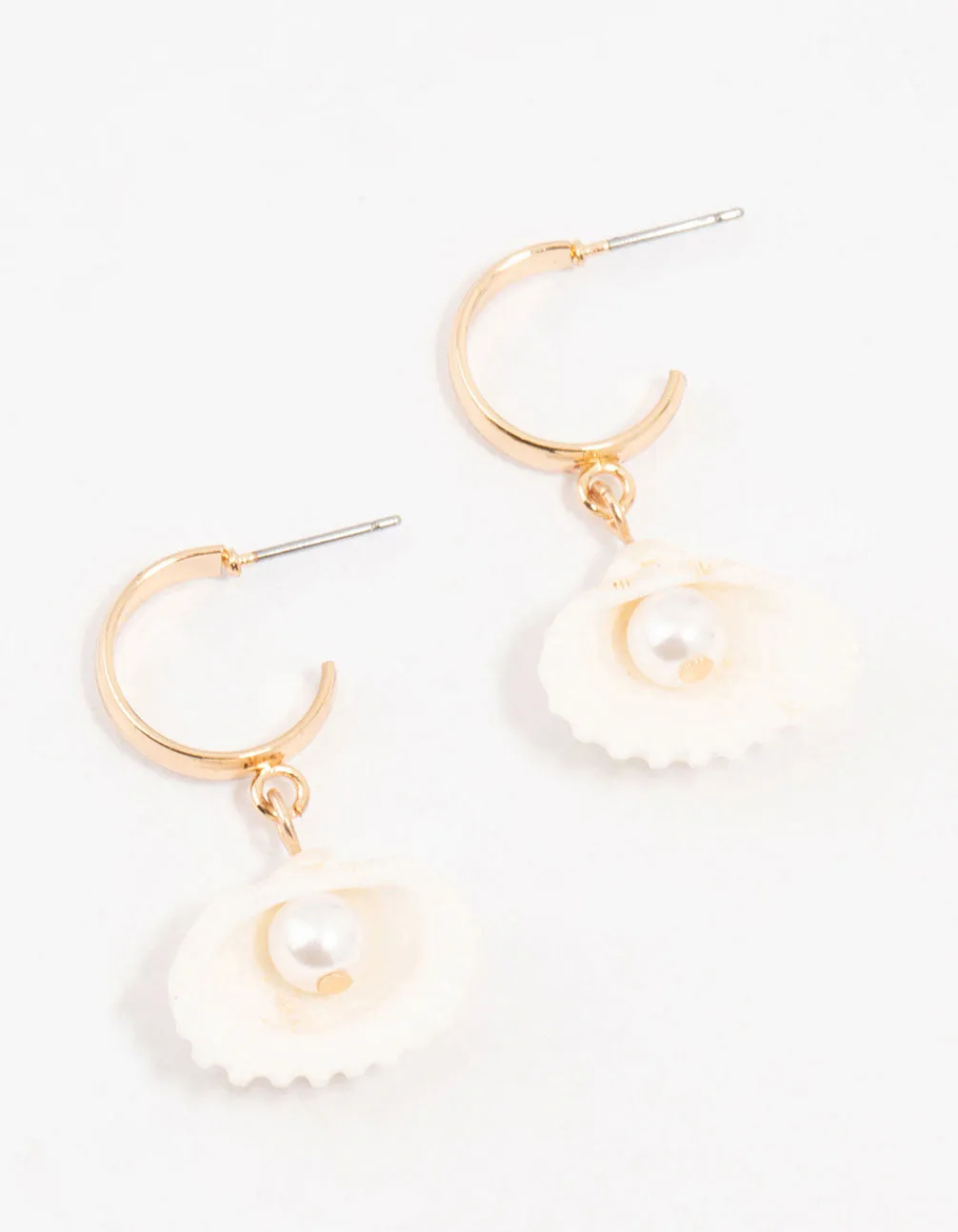 Gold Pearl Clam Hoop Earrings