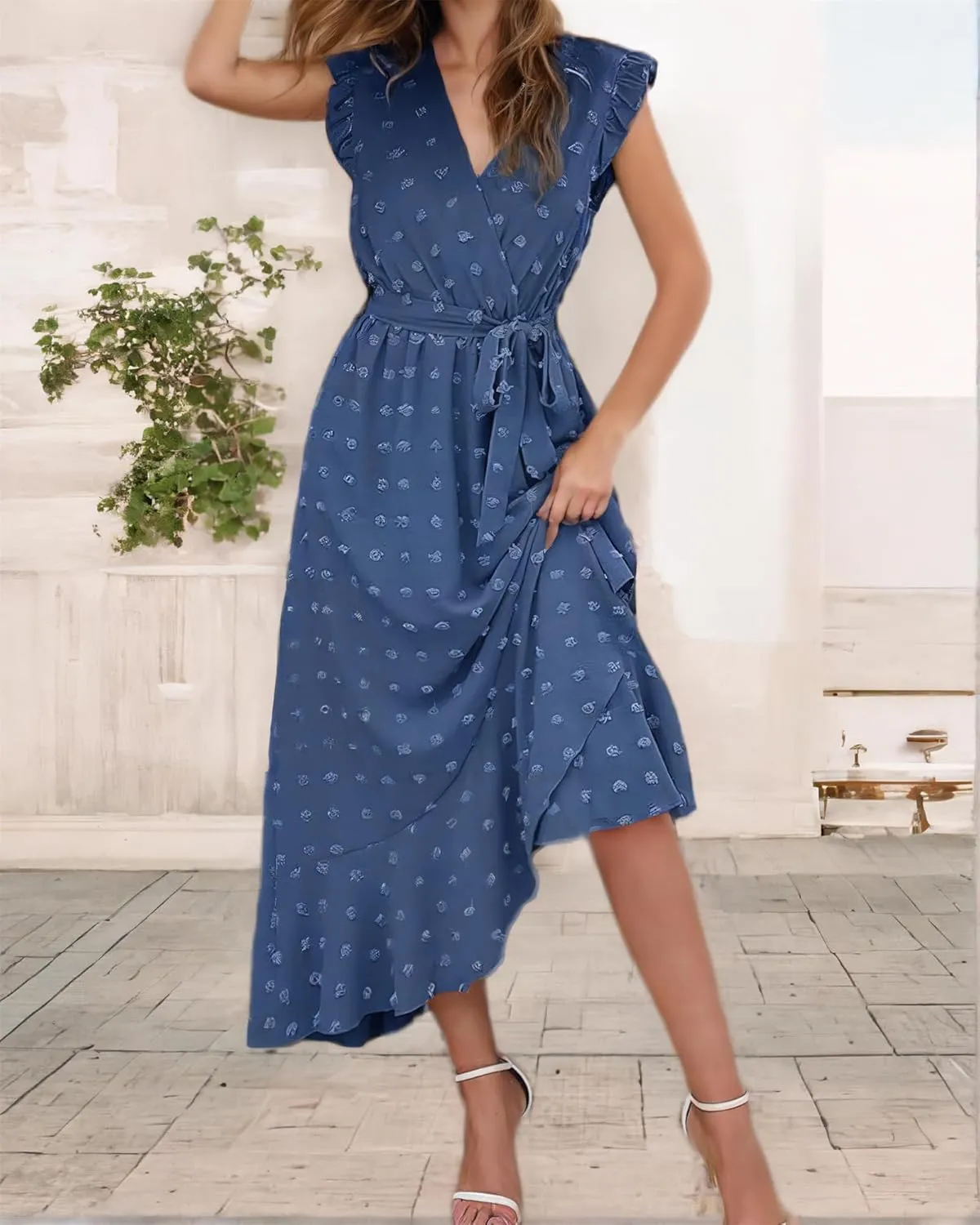 Gothden Womens 2025 Summer Wrap Maxi Dress Casual Boho V Neck Swiss Dot Dress Belted Ruffle Hem Split Beach Long Dresses