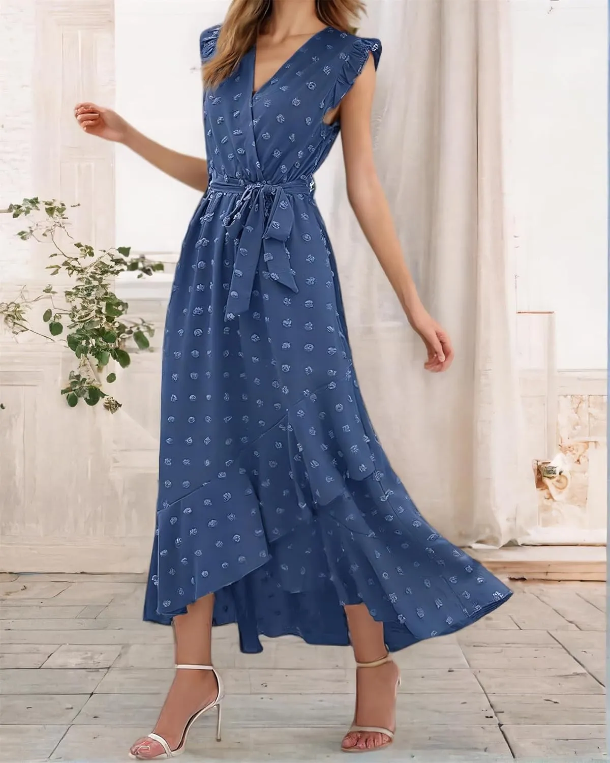 Gothden Womens 2025 Summer Wrap Maxi Dress Casual Boho V Neck Swiss Dot Dress Belted Ruffle Hem Split Beach Long Dresses