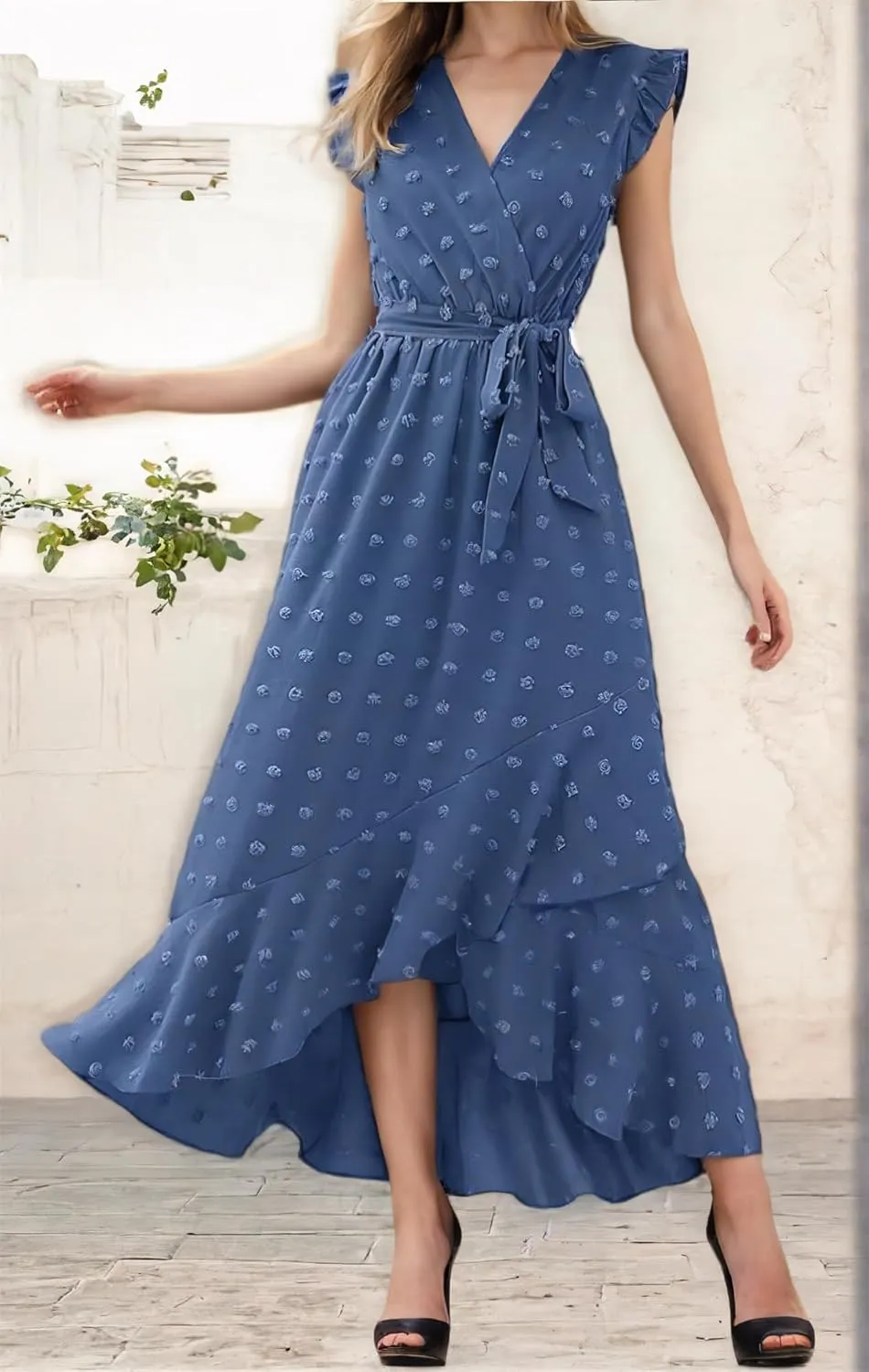 Gothden Womens 2025 Summer Wrap Maxi Dress Casual Boho V Neck Swiss Dot Dress Belted Ruffle Hem Split Beach Long Dresses