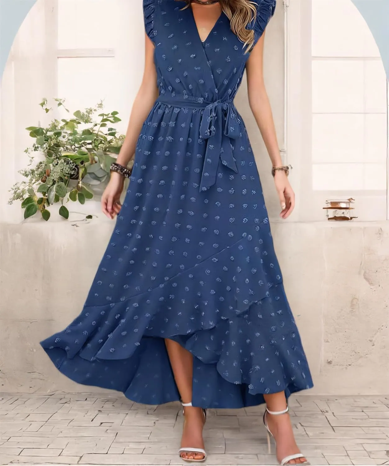 Gothden Womens 2025 Summer Wrap Maxi Dress Casual Boho V Neck Swiss Dot Dress Belted Ruffle Hem Split Beach Long Dresses