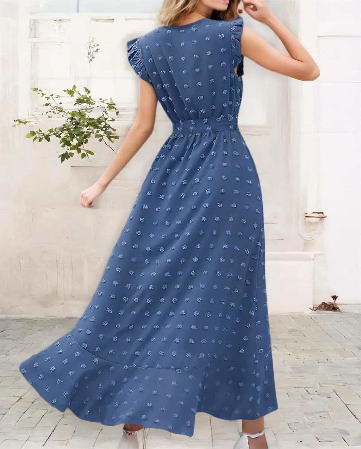 Gothden Womens 2025 Summer Wrap Maxi Dress Casual Boho V Neck Swiss Dot Dress Belted Ruffle Hem Split Beach Long Dresses