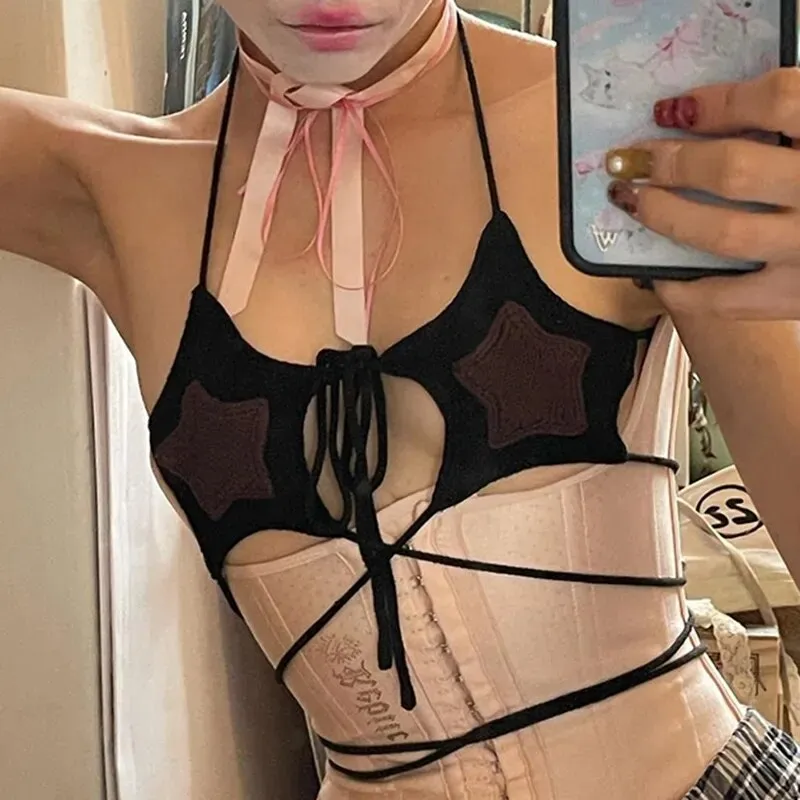 Gothic Star Pattern Lace Up Bandage Top