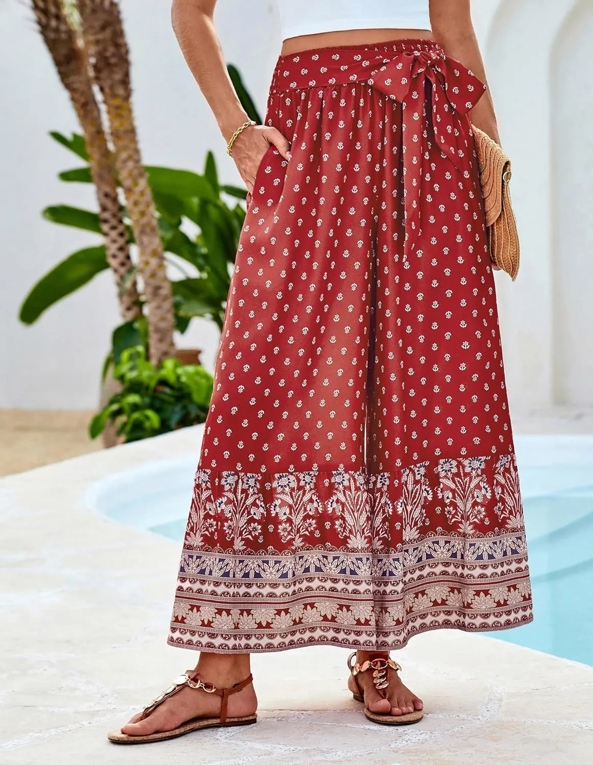 GRACE KARIN Women's 2025 Summer Wide Leg Palazzo Pants Elastic High Waisted Boho Casual Flowy Beach Pants with Pockets
