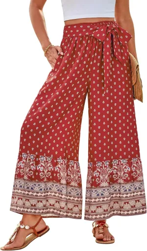 GRACE KARIN Women's 2025 Summer Wide Leg Palazzo Pants Elastic High Waisted Boho Casual Flowy Beach Pants with Pockets