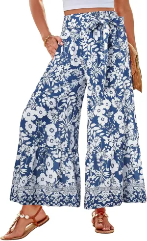 GRACE KARIN Women's 2025 Summer Wide Leg Palazzo Pants Elastic High Waisted Boho Casual Flowy Beach Pants with Pockets