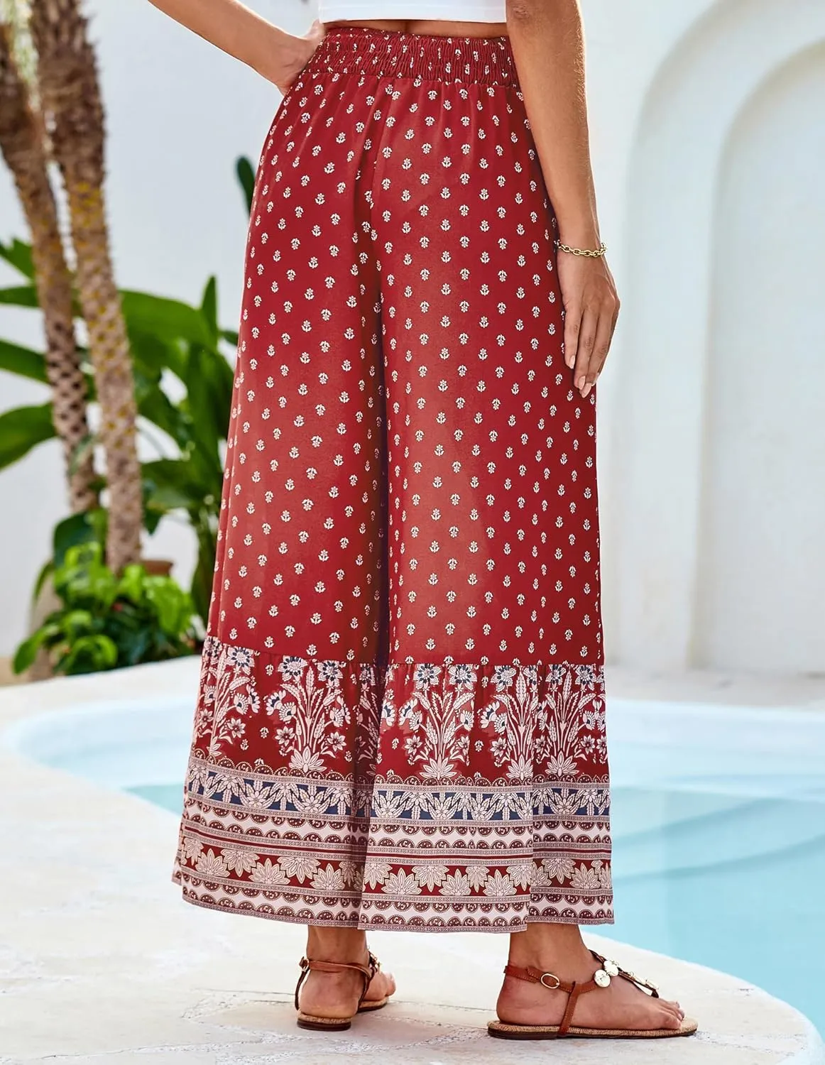 GRACE KARIN Women's 2025 Summer Wide Leg Palazzo Pants Elastic High Waisted Boho Casual Flowy Beach Pants with Pockets