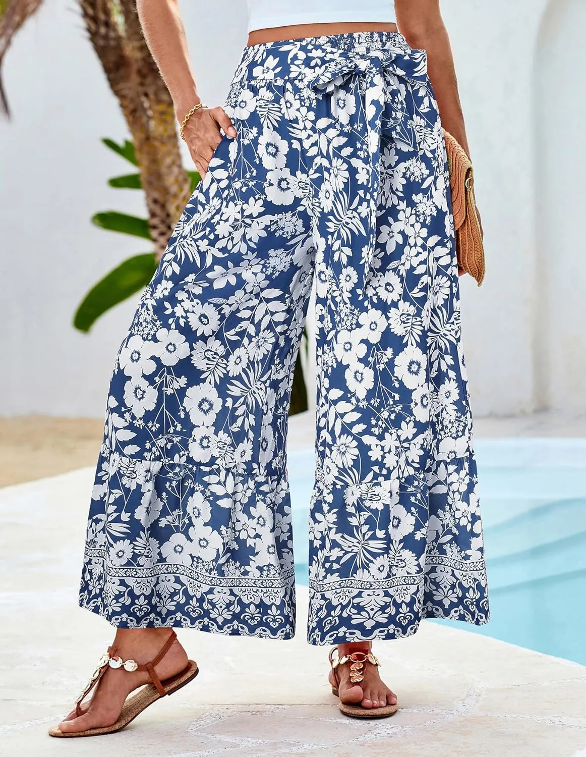GRACE KARIN Women's 2025 Summer Wide Leg Palazzo Pants Elastic High Waisted Boho Casual Flowy Beach Pants with Pockets