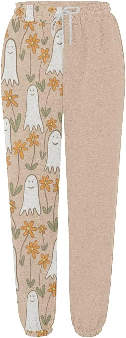 Halloween Sweatpants for Women Cinch Bottom Ghost Print Joggers Drawstring High Waist Workout Pants with Pockets