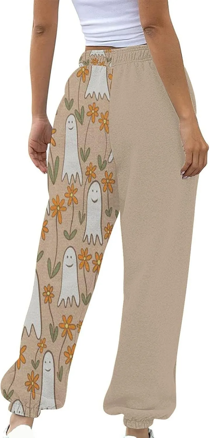 Halloween Sweatpants for Women Cinch Bottom Ghost Print Joggers Drawstring High Waist Workout Pants with Pockets