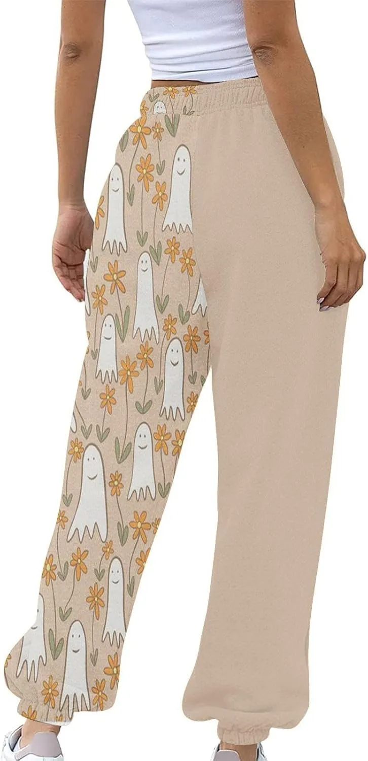 Halloween Sweatpants for Women Cinch Bottom Ghost Print Joggers Drawstring High Waist Workout Pants with Pockets
