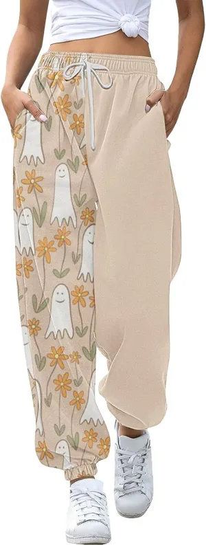 Halloween Sweatpants for Women Cinch Bottom Ghost Print Joggers Drawstring High Waist Workout Pants with Pockets