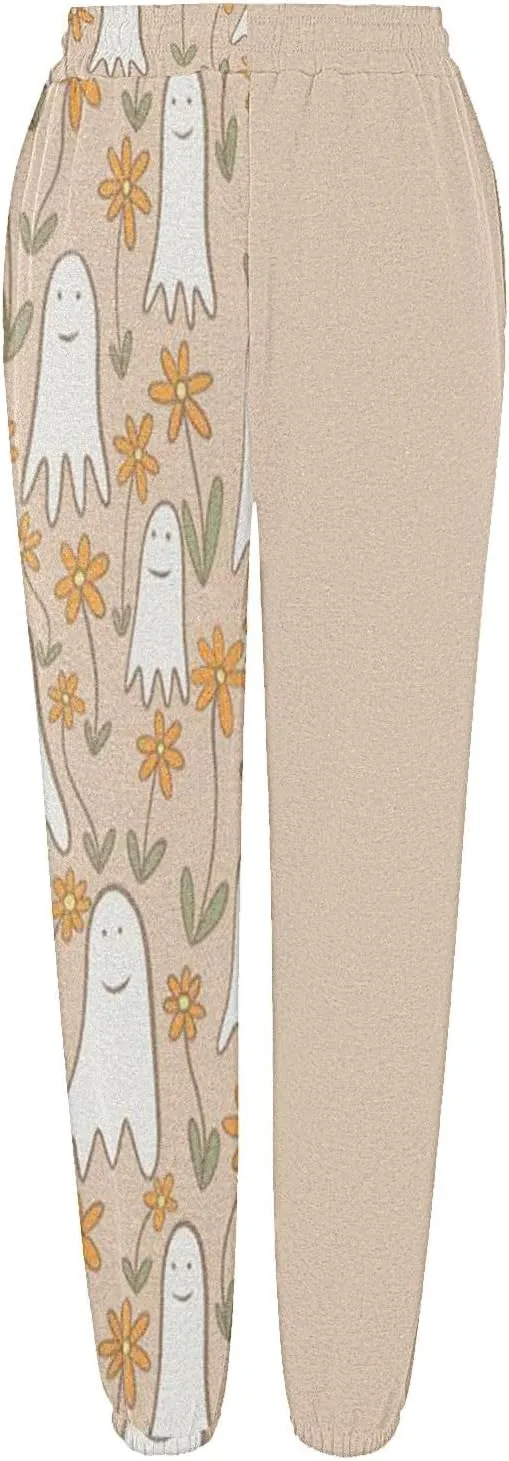 Halloween Sweatpants for Women Cinch Bottom Ghost Print Joggers Drawstring High Waist Workout Pants with Pockets