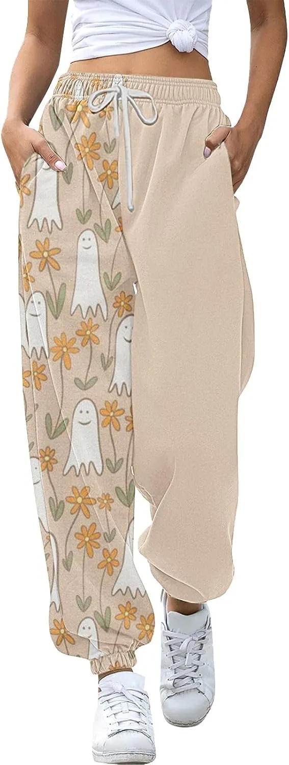 Halloween Sweatpants for Women Cinch Bottom Ghost Print Joggers Drawstring High Waist Workout Pants with Pockets