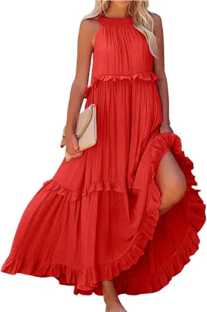 Halter Maxi Dresses for Women Sleeveless Tiered Flowy Long Dress Summer Loose Smocked Ruffle Swing Beach Dresses