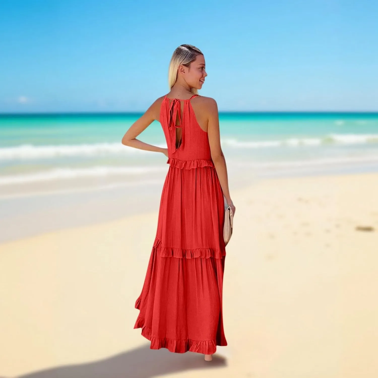 Halter Maxi Dresses for Women Sleeveless Tiered Flowy Long Dress Summer Loose Smocked Ruffle Swing Beach Dresses