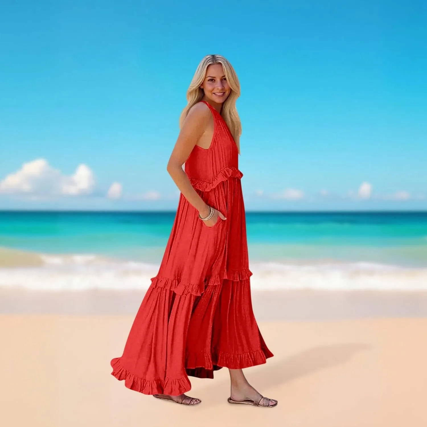 Halter Maxi Dresses for Women Sleeveless Tiered Flowy Long Dress Summer Loose Smocked Ruffle Swing Beach Dresses