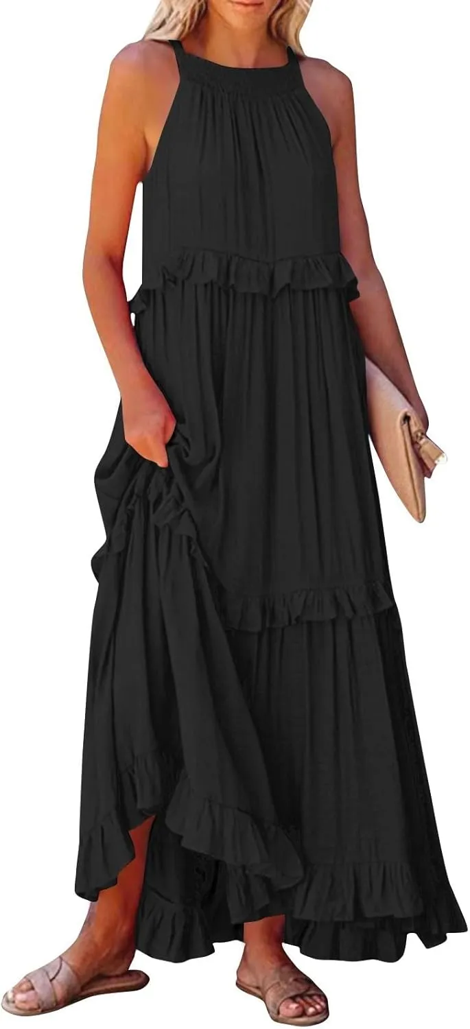 Halter Maxi Tiered Dresses for Women Summer Flowy Swing Ruffle Smocked Dress Plus Size Sundress Frocks with Pockets