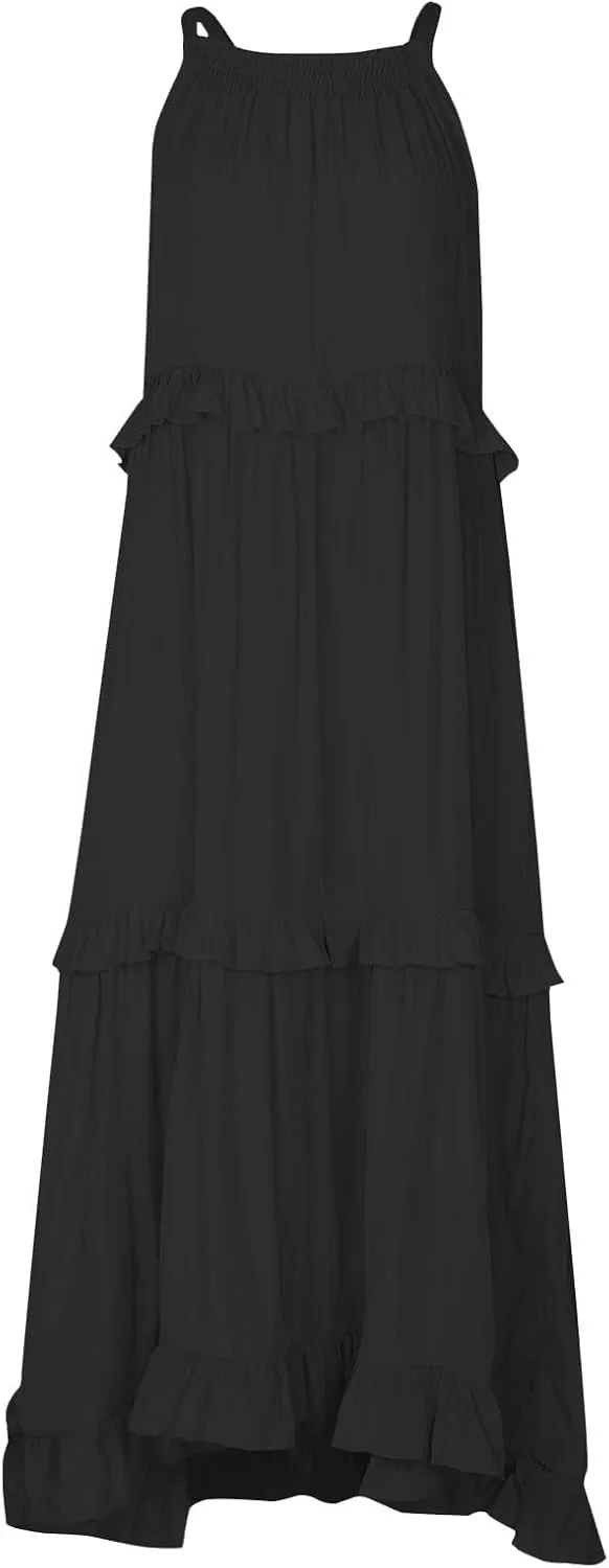 Halter Maxi Tiered Dresses for Women Summer Flowy Swing Ruffle Smocked Dress Plus Size Sundress Frocks with Pockets