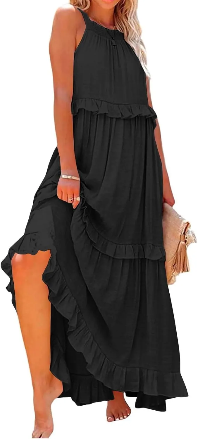 Halter Maxi Tiered Dresses for Women Summer Flowy Swing Ruffle Smocked Dress Plus Size Sundress Frocks with Pockets