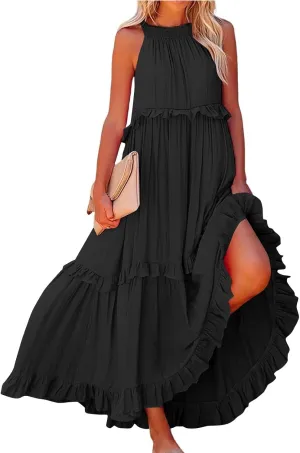 Halter Maxi Tiered Dresses for Women Summer Flowy Swing Ruffle Smocked Dress Plus Size Sundress Frocks with Pockets