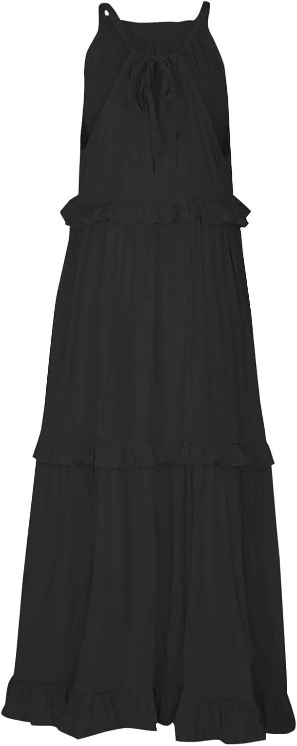 Halter Maxi Tiered Dresses for Women Summer Flowy Swing Ruffle Smocked Dress Plus Size Sundress Frocks with Pockets
