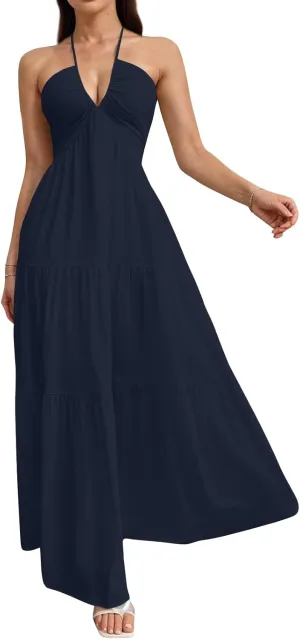 Halter Neck Dresses for Women 2025 Backless Deep V Neck Maxi Sundress a Line Empire Waist Spaghetti Strap Dress