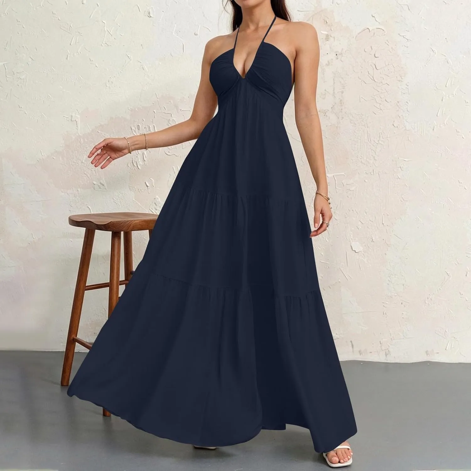 Halter Neck Dresses for Women 2025 Backless Deep V Neck Maxi Sundress a Line Empire Waist Spaghetti Strap Dress