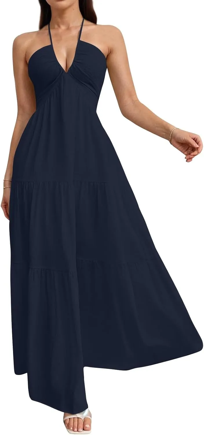 Halter Neck Dresses for Women 2025 Backless Deep V Neck Maxi Sundress a Line Empire Waist Spaghetti Strap Dress
