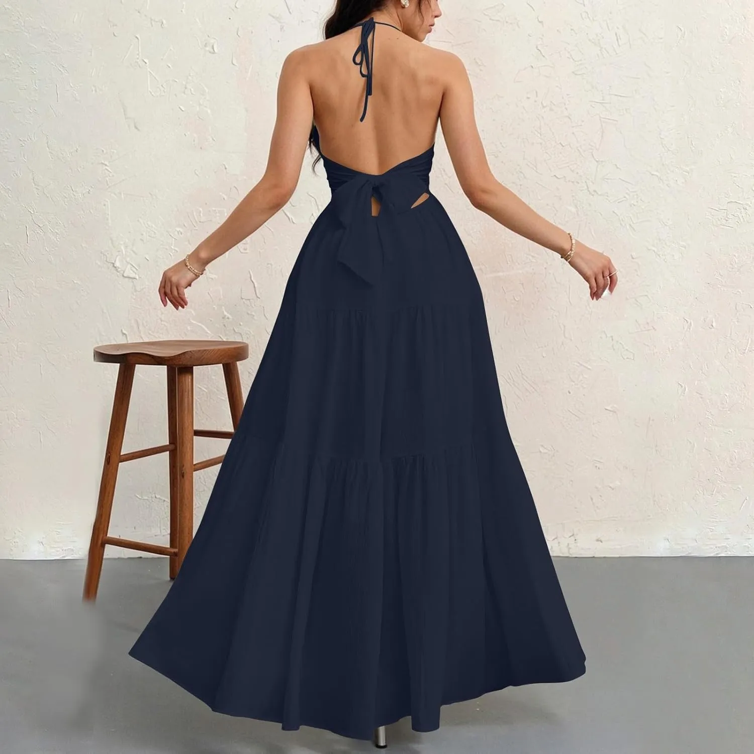 Halter Neck Dresses for Women 2025 Backless Deep V Neck Maxi Sundress a Line Empire Waist Spaghetti Strap Dress