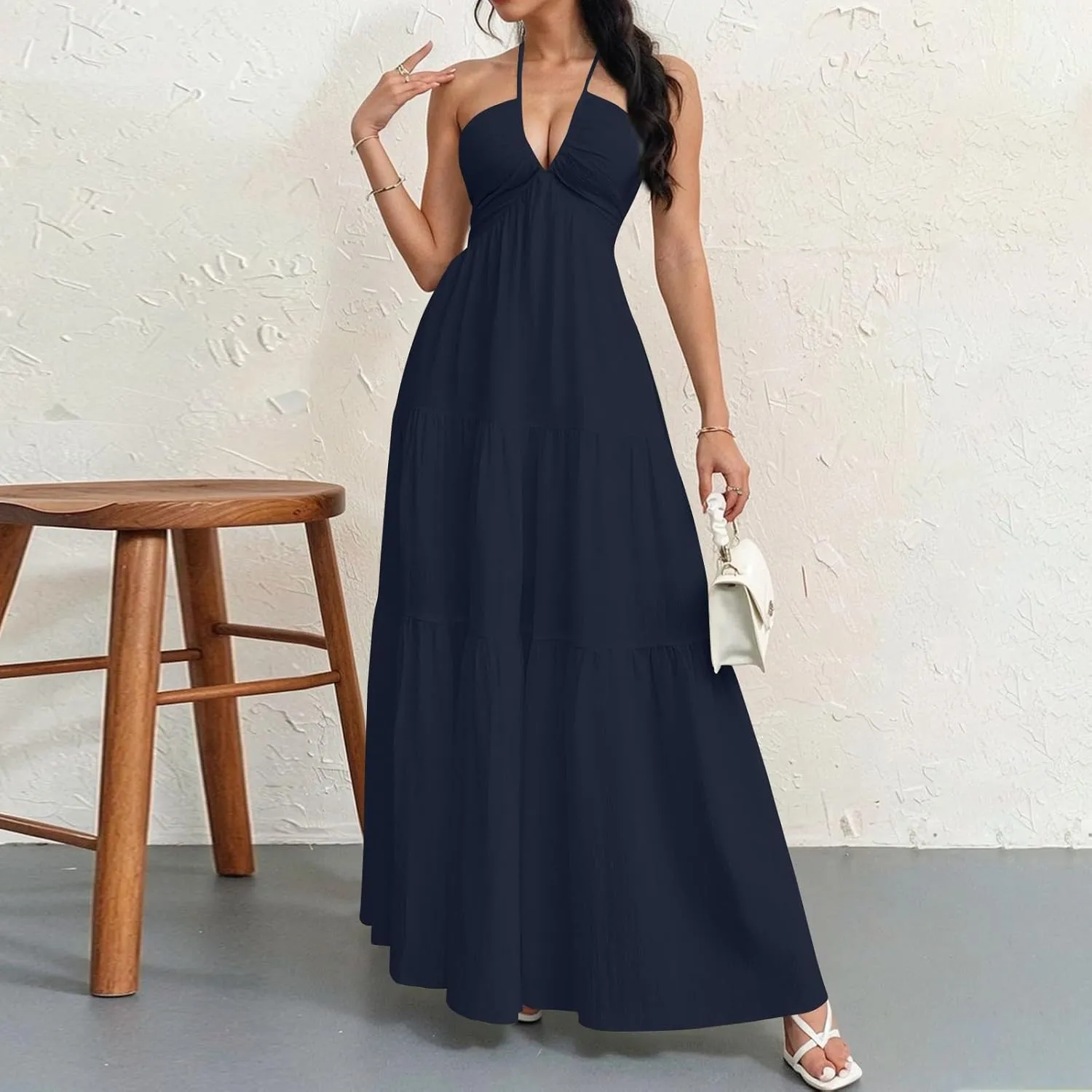 Halter Neck Dresses for Women 2025 Backless Deep V Neck Maxi Sundress a Line Empire Waist Spaghetti Strap Dress