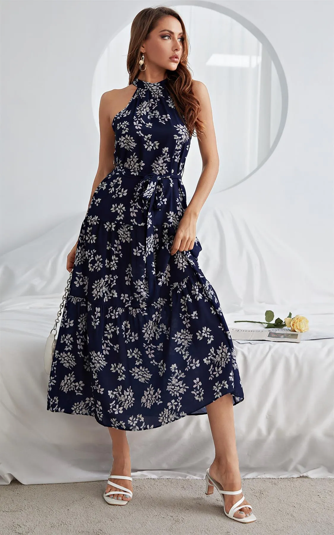Halter Neck Midi Layer Dress In Navy & White Flora Print