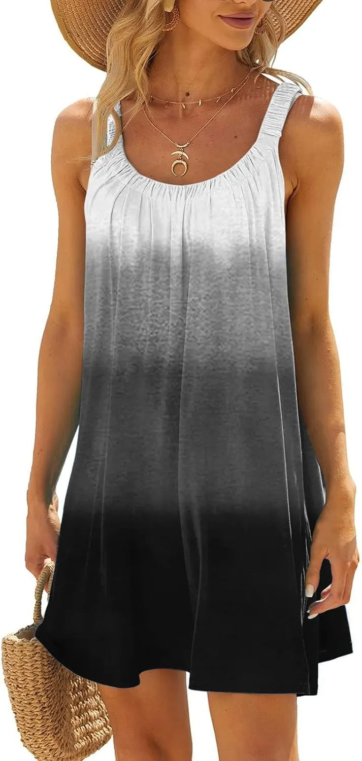 Hawaiian Dresses for Women Cute Summer Gradient Color Block Sleeveless Short Sundresses Travel Spring Break Clothes