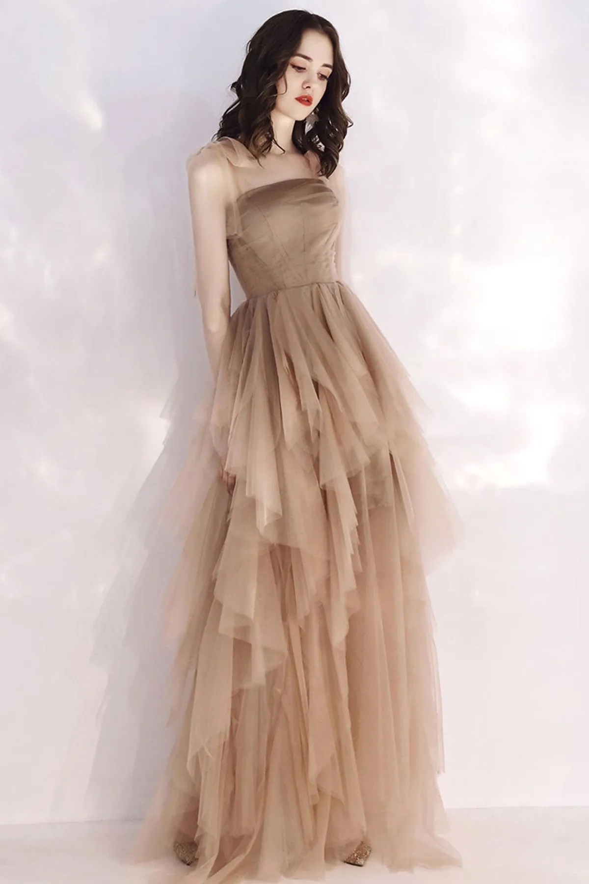 High Low Champagne Tulle Long Prom Dresses, Long Champagne Formal Graduation Evening Dresses