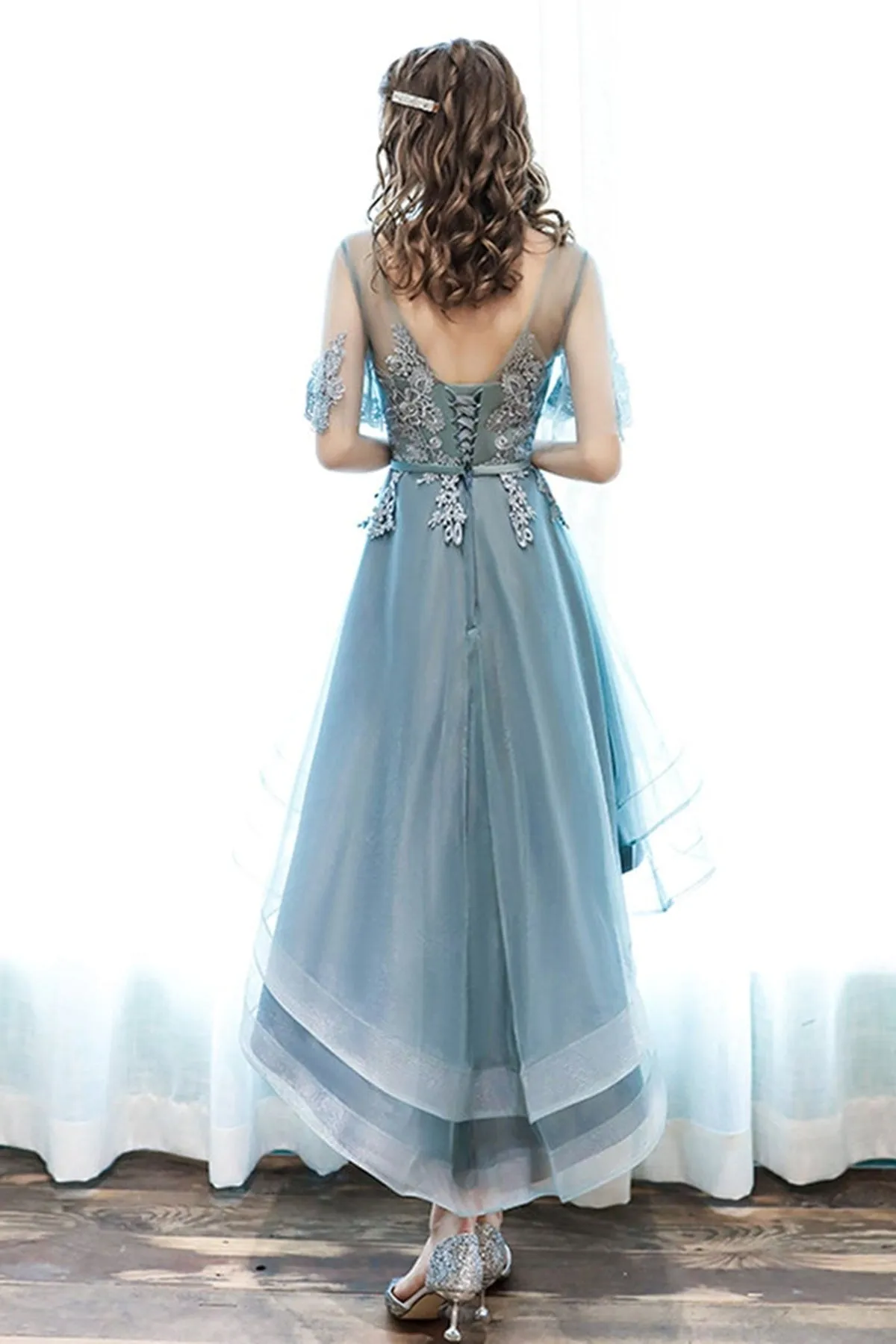High Low Half Sleeves Lace Short Prom Dresses, High Low Lace Homecoming Dresses, Short Lace Formal Evening Dresses