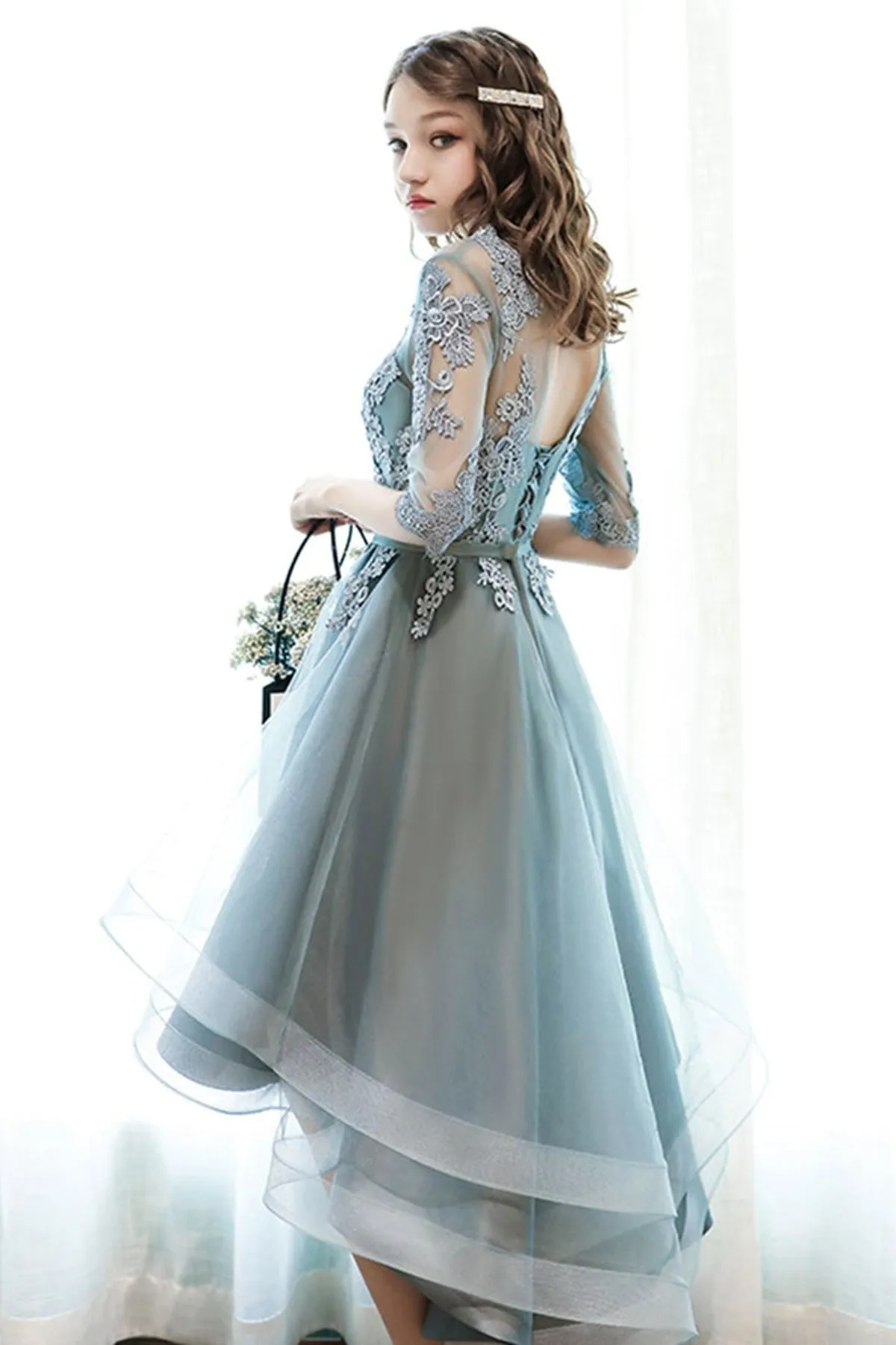 High Low Half Sleeves Lace Short Prom Dresses, High Low Lace Homecoming Dresses, Short Lace Formal Evening Dresses